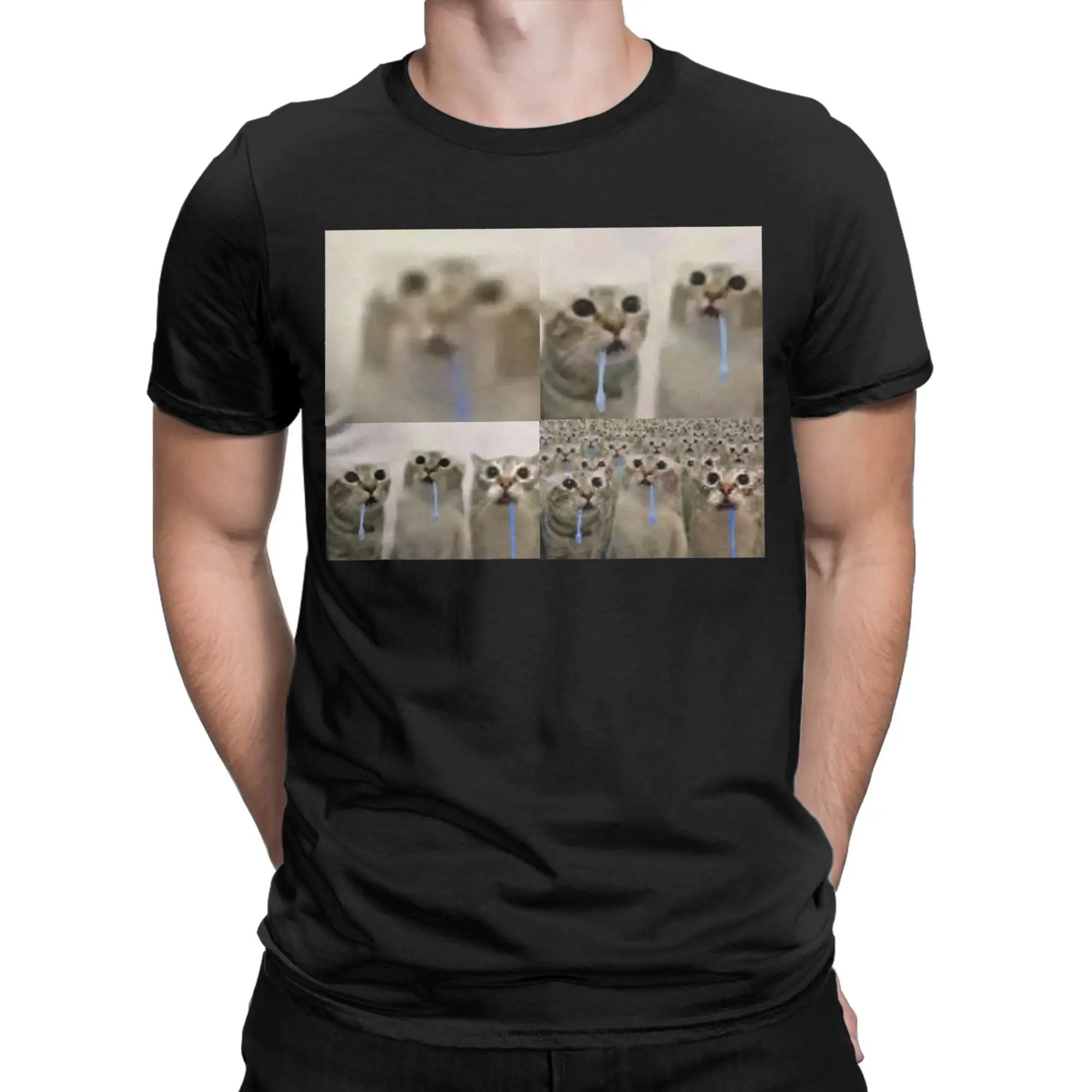 Funny Drooling Cat Reaction Meme Men T Shirts  Novelty Tee Shirt Short Sleeve Round Collar T-Shirt Pure Cotton Original Clothes