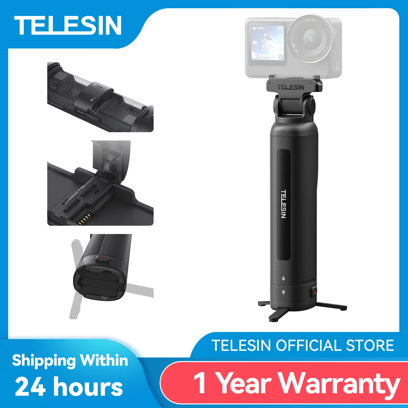 TELESIN 3-in-1 Action Camera Charging Grip Dual Battery Fast Charger Vlog Handle Tripod for DJI Osmo Action 6 5 Pro Osmo 360