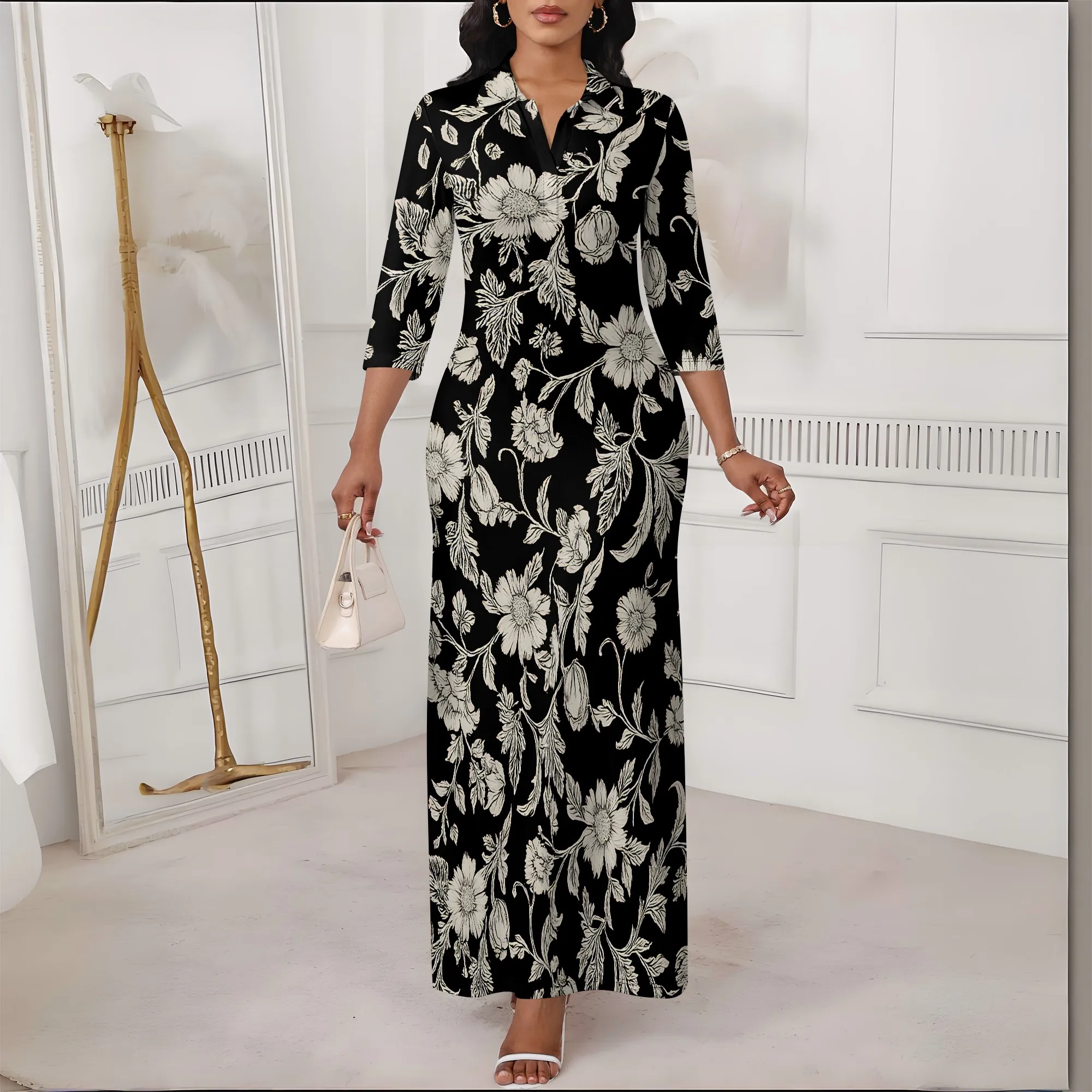 

Maxi Dresses for Curvy Women Elegant 3/4 Sleeve V Neck Sexy Bodycon Long Dress Semi Formal Cocktail Party Dresses