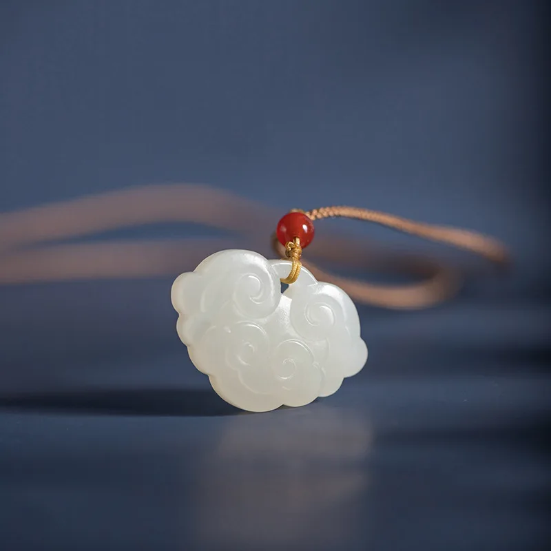 Hotan Ruyi White Jade Auspicious Cloud Peace Lock Pendant Sweater Necklace
