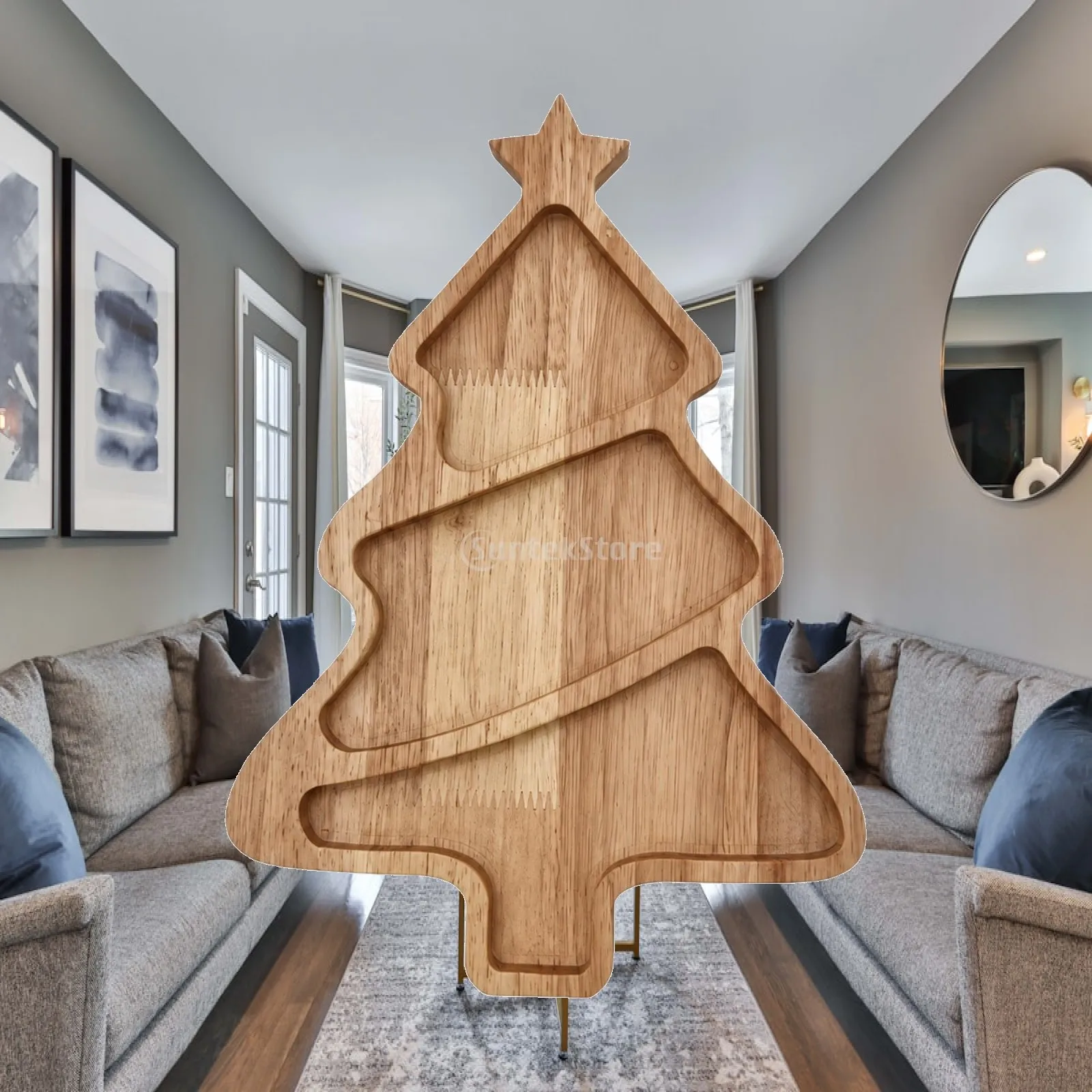Festive Wooden Snack Tray Three Section Serving Board for Treats Nuts Fruit Holiday Party Tabletop Display