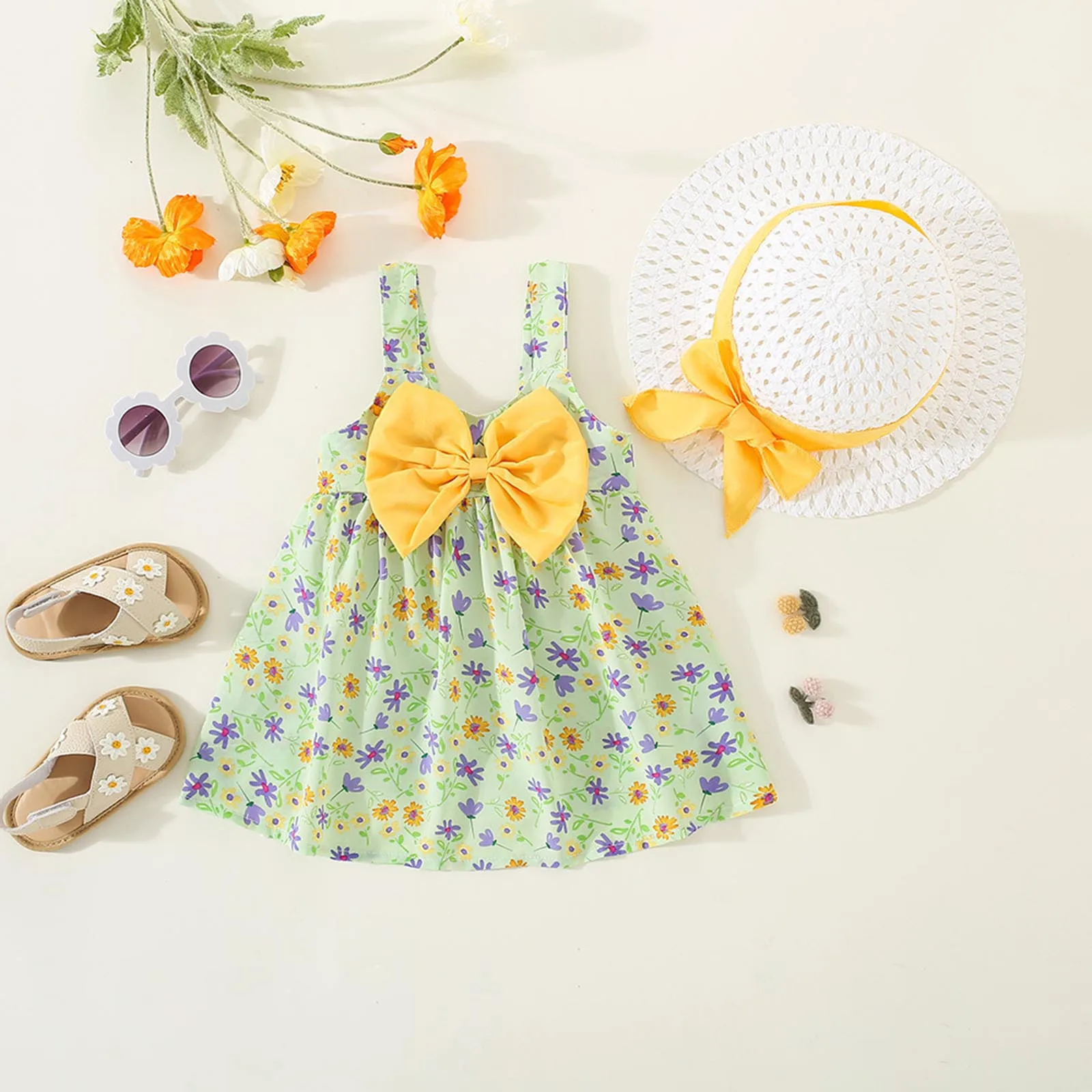 

2Pcs/Set Sweet Floral Bow Beach Baby Girl Dress Summer Sundress For Girls Toddler Baby Clothes Suit Dress+Hat 0-3 Years Infant