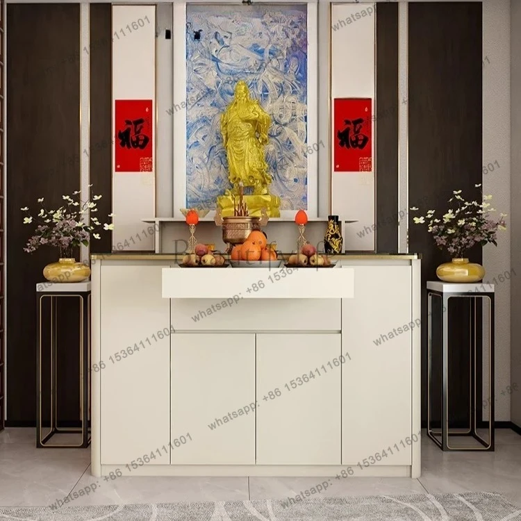 Light luxury tribute table incense case  Bodhisattva statue of the god of wealth offering  Buddhist shrine standing cabinet