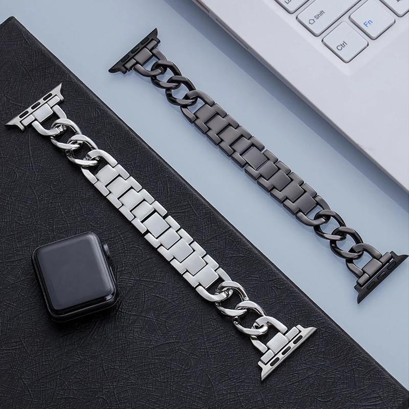 Metal Stainless Steel Strap For Apple Watch Band 44mm 45mm 42mm Fashion Single Loop Denim Chain iWatch SE 8 7 watch Accessories