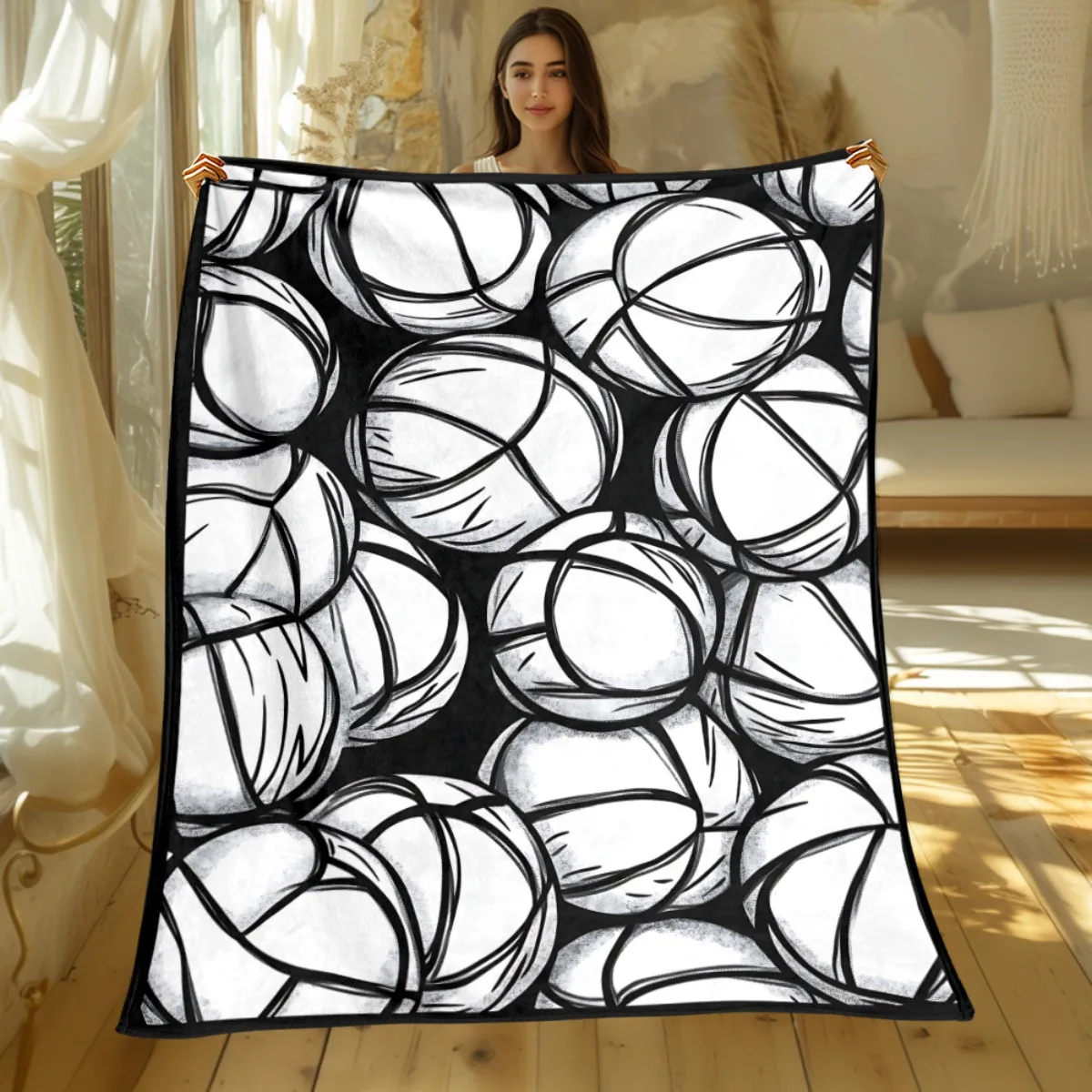 Basketball Pattern Black White Sports Fleece Blanket Fan Gift Athletic Design Soft Cozy Throw for Gym Sports Lover Room