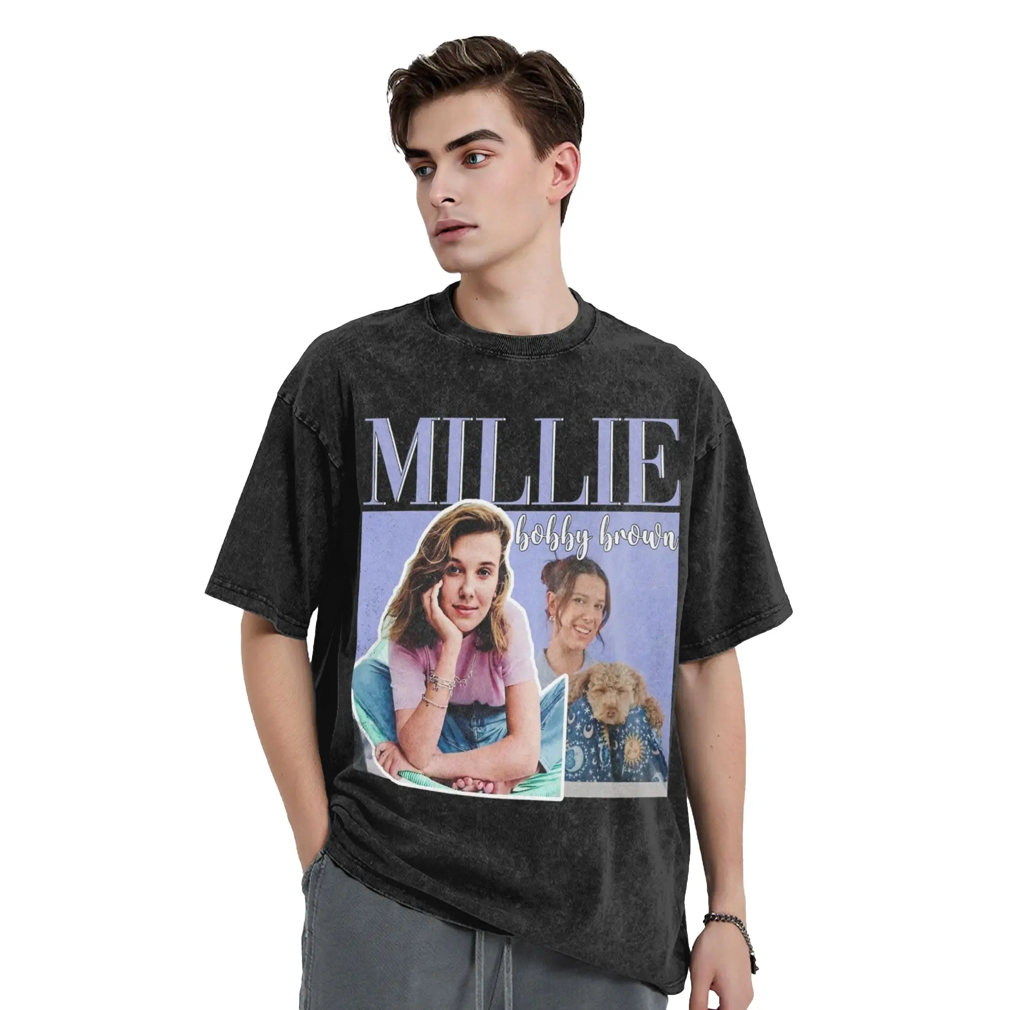 Washed T Shirt Millie Bobby Brown Hip Hop Fashion T-Shirt Oversize  Streetwear Cotton Summer Tops Tee Shirt Men Women