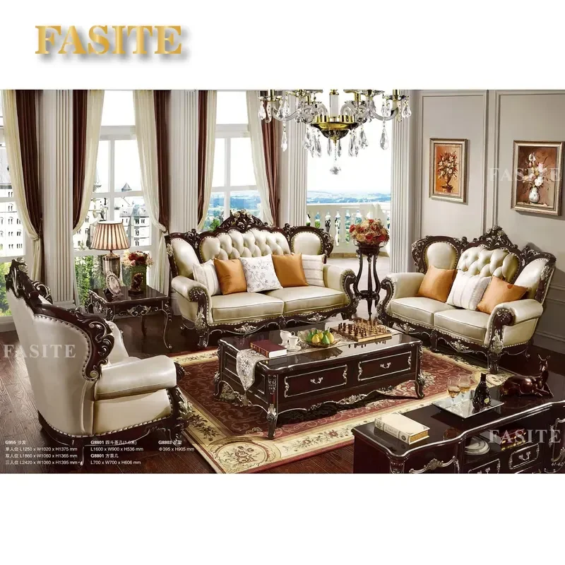 For European Luxury Classic Lounge Room 1 2 3 Seat Sectional Couch French Carved Wood Upholstered Leather Living Room Sofa