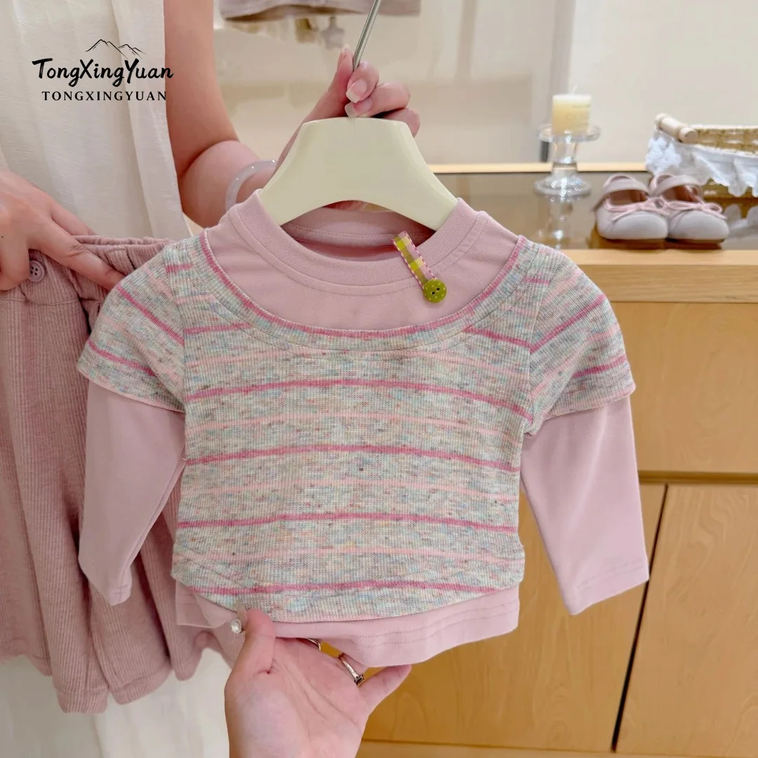 Girl's Autumn False Two Solid Color Striped T-shirt Top Sweet and Cute Spring and Autumn Dress