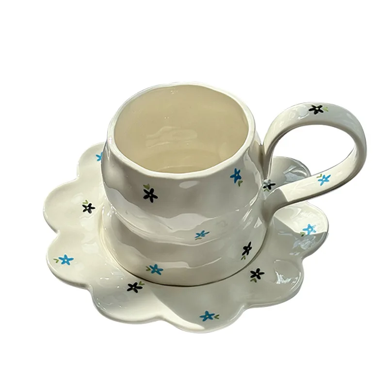 

Hand pinch pattern hand painted flower ceramic cup retro niche coffee cup saucer set latte latte tea cup