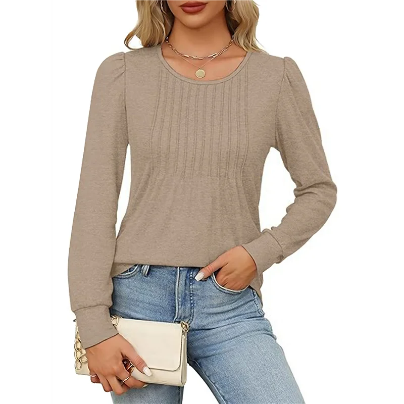 

NEW-Women's Puff Long Sleeve Tunic Tops Pleated Crew Neck Blouses Dressy Casual Loose Fit Winter And Spring Shirts