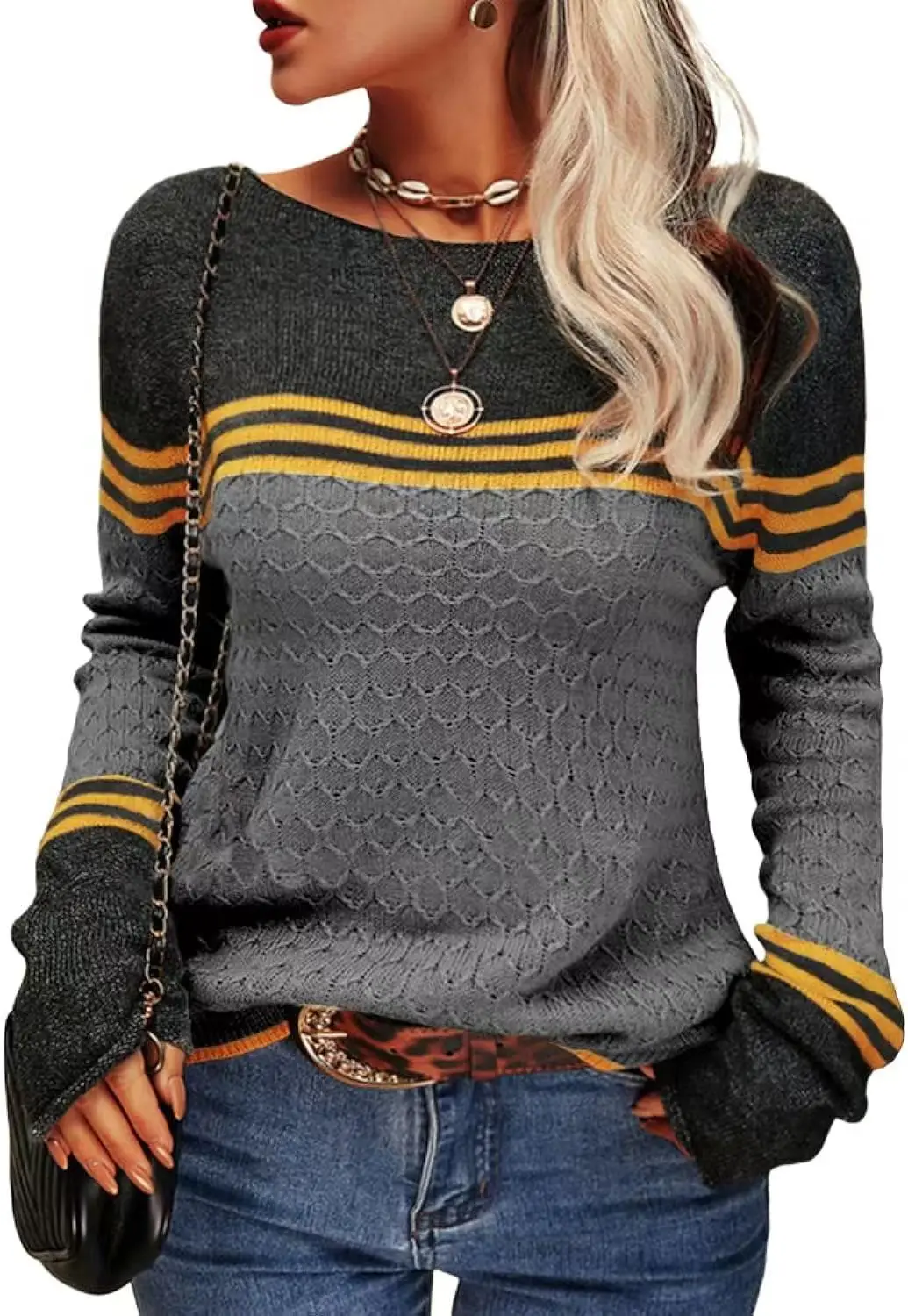 2023 Women Autumn Winter Colorblock Pullover Sweaters Round Neck Striped Slim Fitting Knitwear Tops