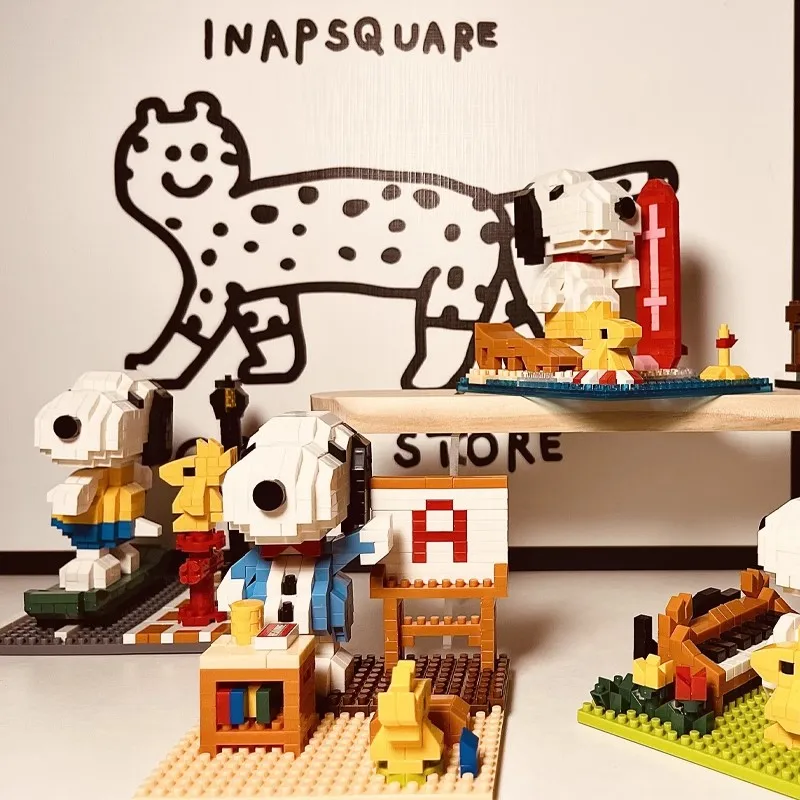 Snoopy Diamond Bouwstenen Assemblage Street View Model Karakter Scène Hond Mini Bakstenen Figuur Speelgoed Voor Kerstcadeaus