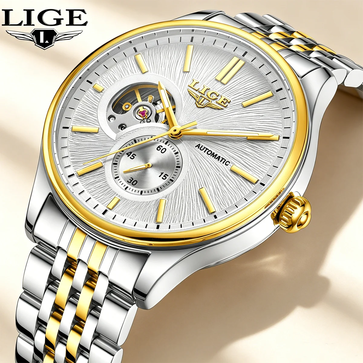 

LIGE Gold White Men Mechanical Watch Fashion Business Watch Men Waterproof Luminous Casual Tourbillon Automatic Watches For Men