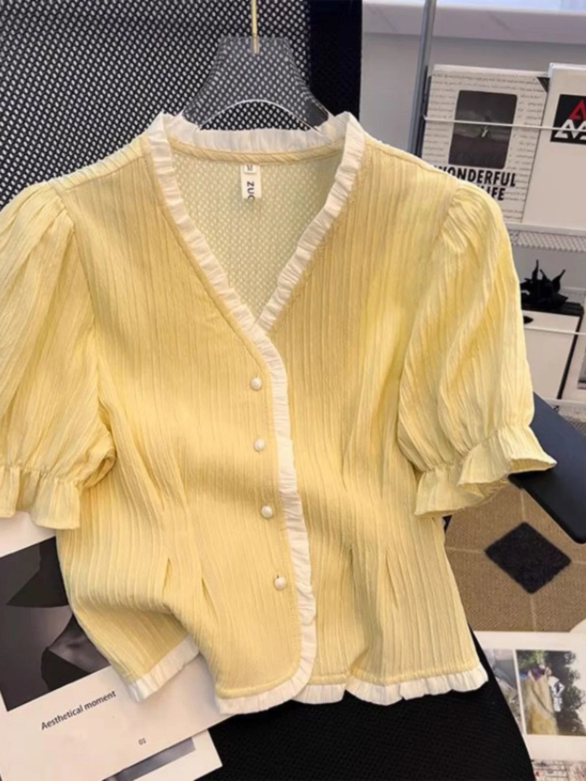 軽量サマーバブルスリーブtシャツvネックレースシフォンブラウスレディース新作スクエアビジネススリーブその他柄