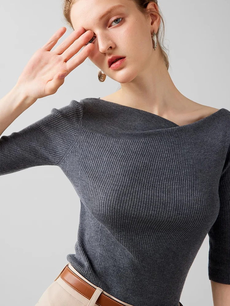 SuyaDream Women Slash Neck Pullovers Silk Wool Blend Slim Knitted Top 2023 Fall Winter Wool Comfortable Sweaters Beige Charcoal