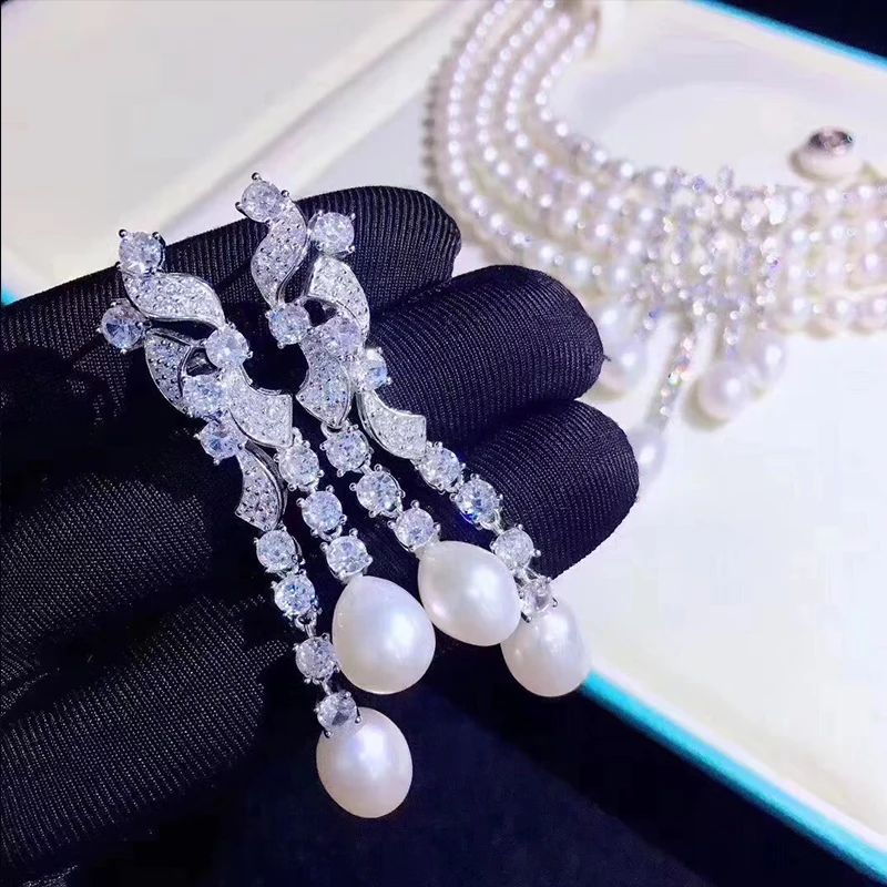 ones set  4ROWS freshwater pearl pendant necklace +earrings white near round 7-8MM wholesale nature beads