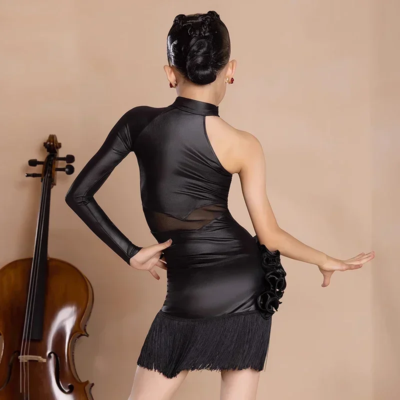 Girls Performance Costume One-Sleeve Black Fringe Dress Kids Latin Dance Clothes Competition Dress Latin Dance Dress