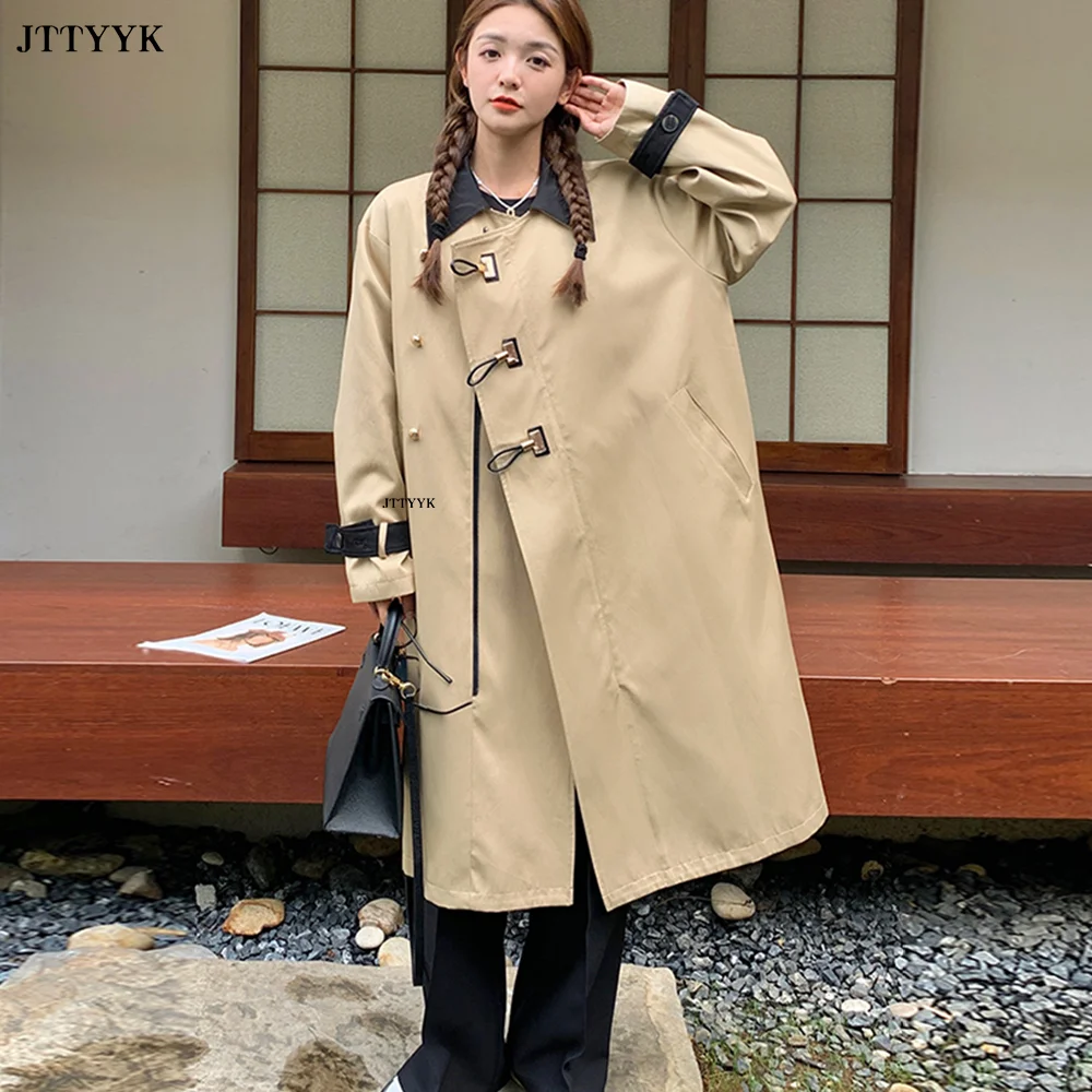 

Spring Autumn Trench Coat Female 2023 New Women's Windbreaker Jacket Contrast Splicing Medium To Long Overcoat Casual Loose