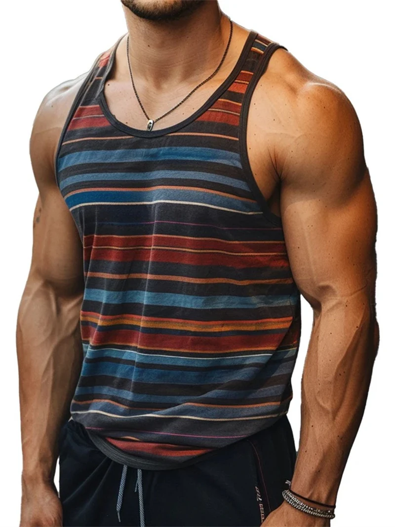 Simple Stripe 3D Printed Tank Tops For Men Fashion Summer Sleeveless Casual Sports Vest Retro Quick Dry Breathable Oversized Tee image 4