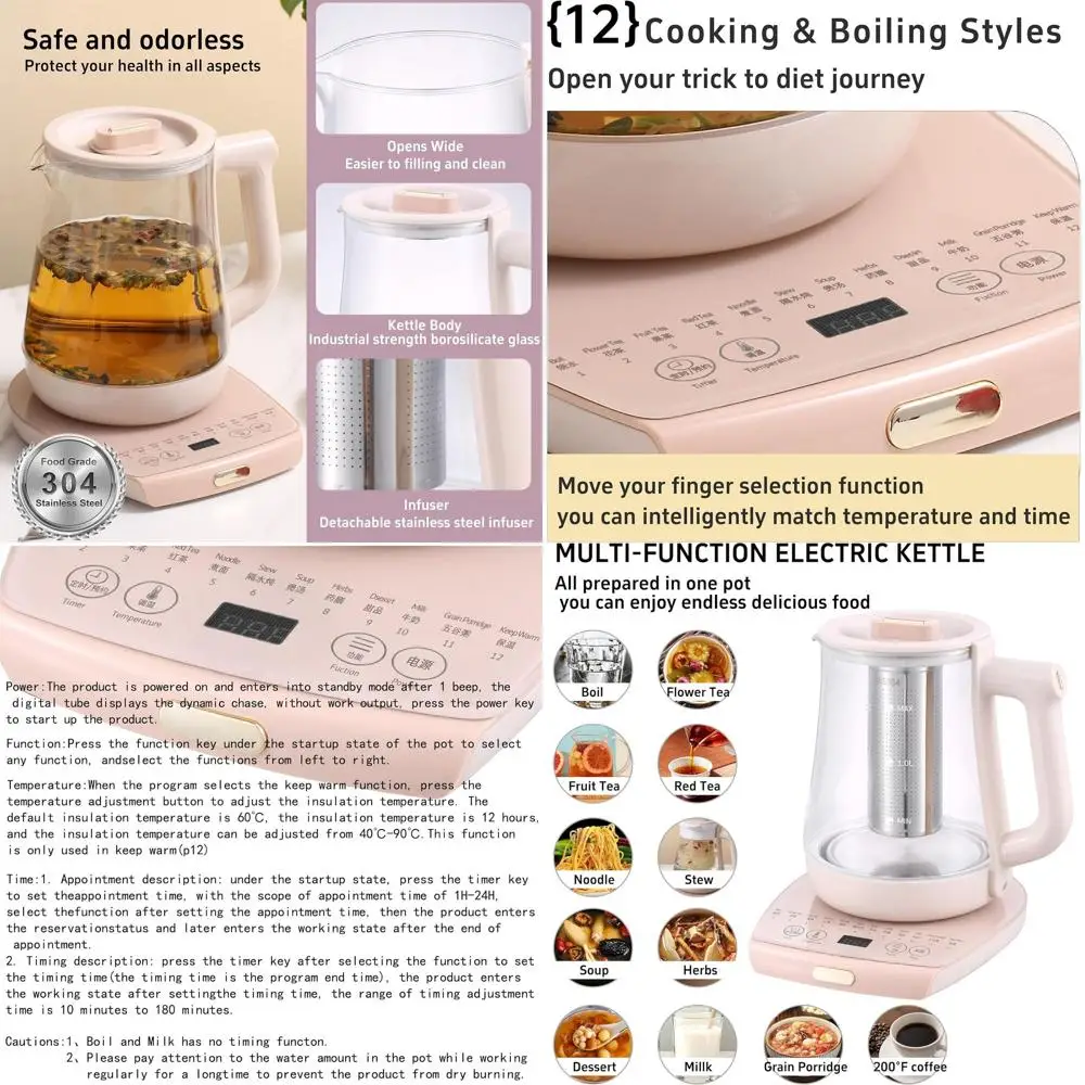 

Pink 1.8L Electric Kettle with Infuser for Fruit Tea, Smart Temperature Control and Warming Function