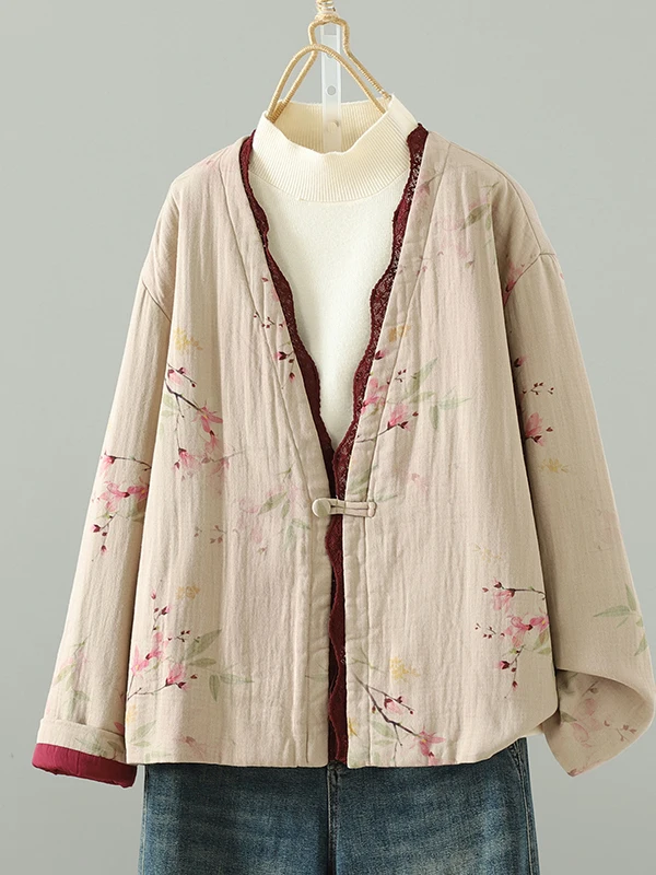 Jaet de algodón con ribete de encaje chino Retro para mujer, prendas de vestir exteriores holgadas de talla grande y cálidas, longitud Regular larga Sve V-Ne