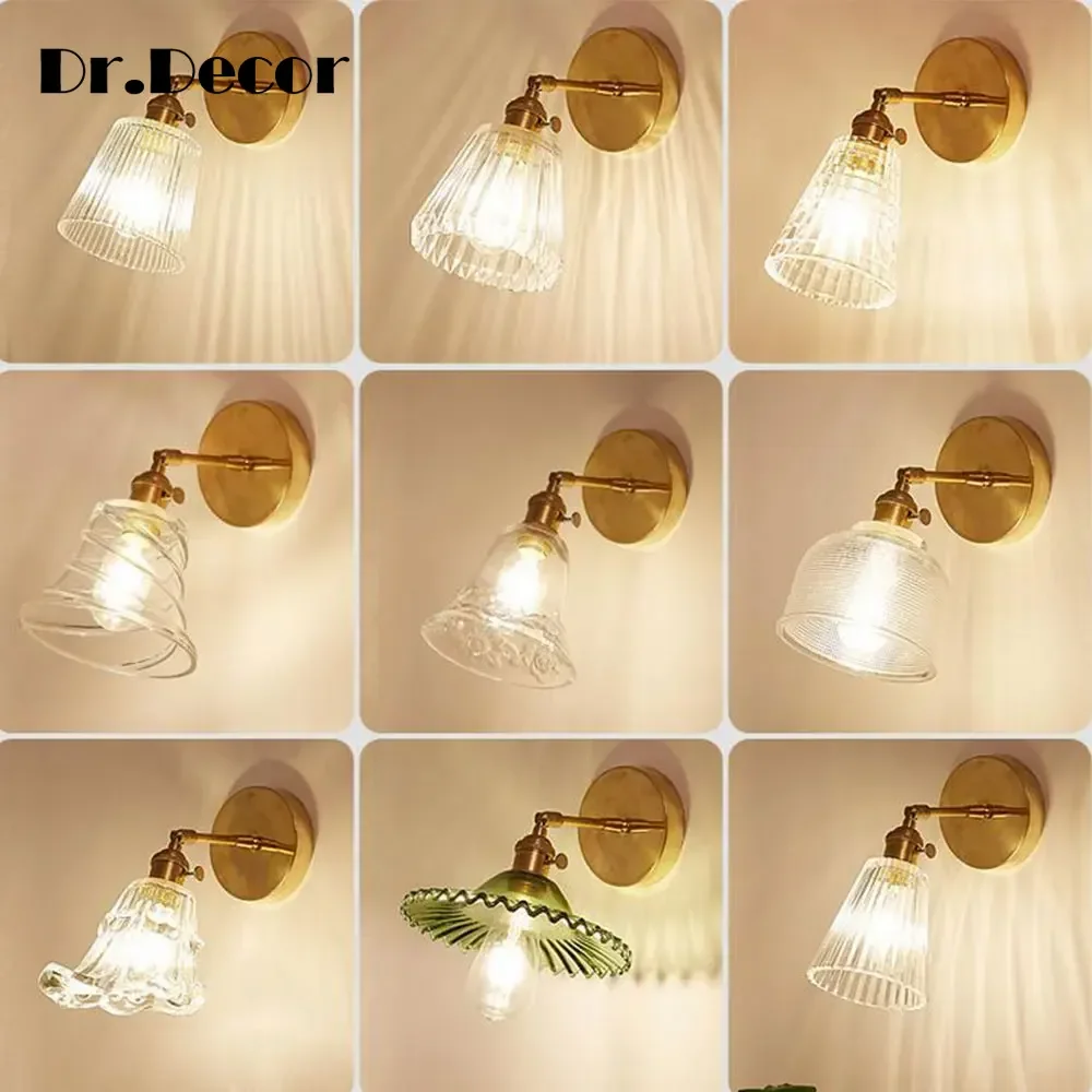 

Modern Glass Wall Lamp Nordic Copper Transparent Lampshade Retro Bedroom Living Room Study Wall Decor