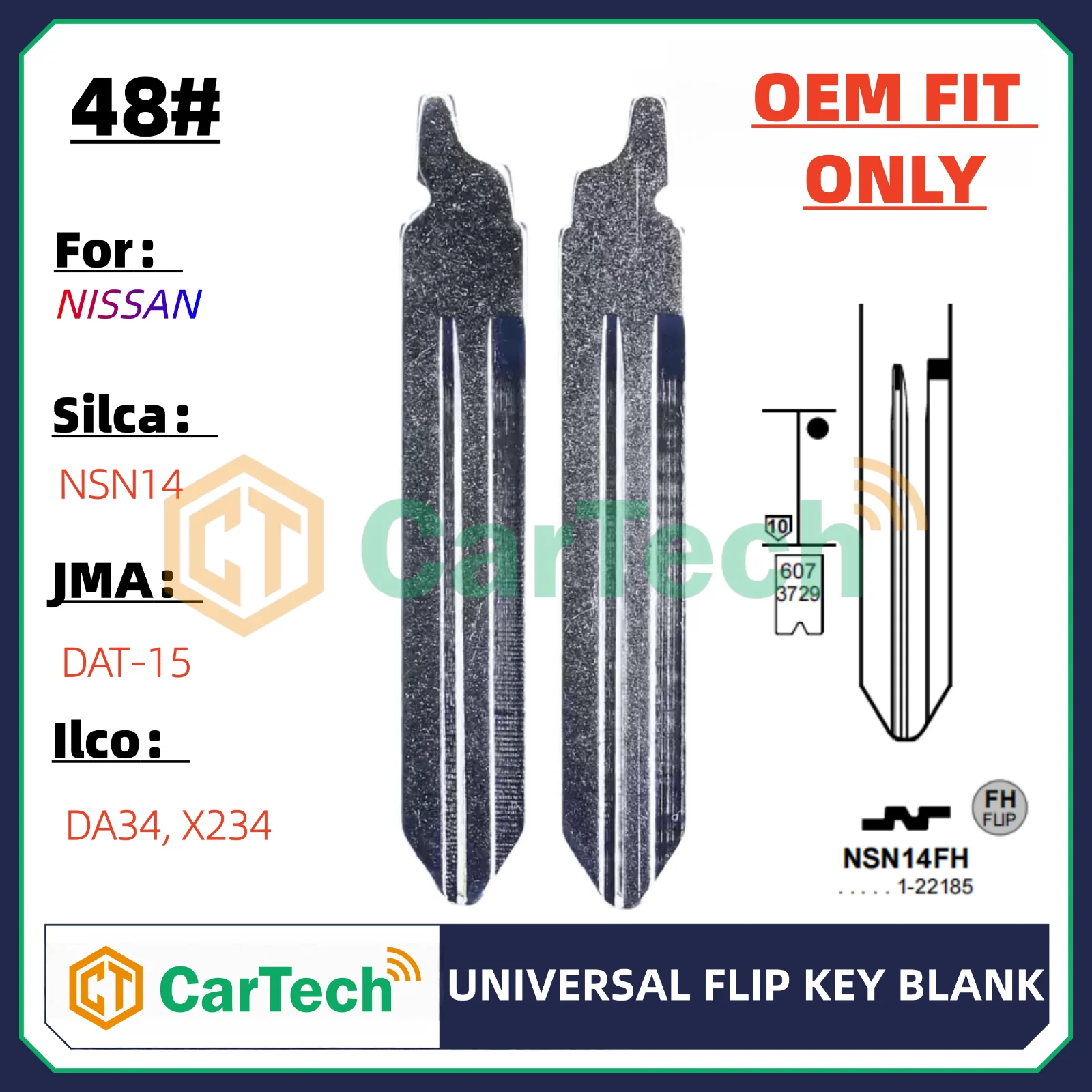 

48# OEM Style NSN14 Uncut Blank Key Blade Replacement for Nissan Original Remote Key Silca NSN14 JMA DAT-15 Ilco DA34 X234