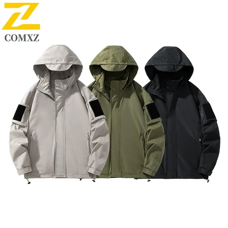 

COMXZ Hooded Mens Jacket Outdoor Adventure Multi Functional Coat Casual Solid Color Hiking Lightweight Autumn Motorcycle Jacket