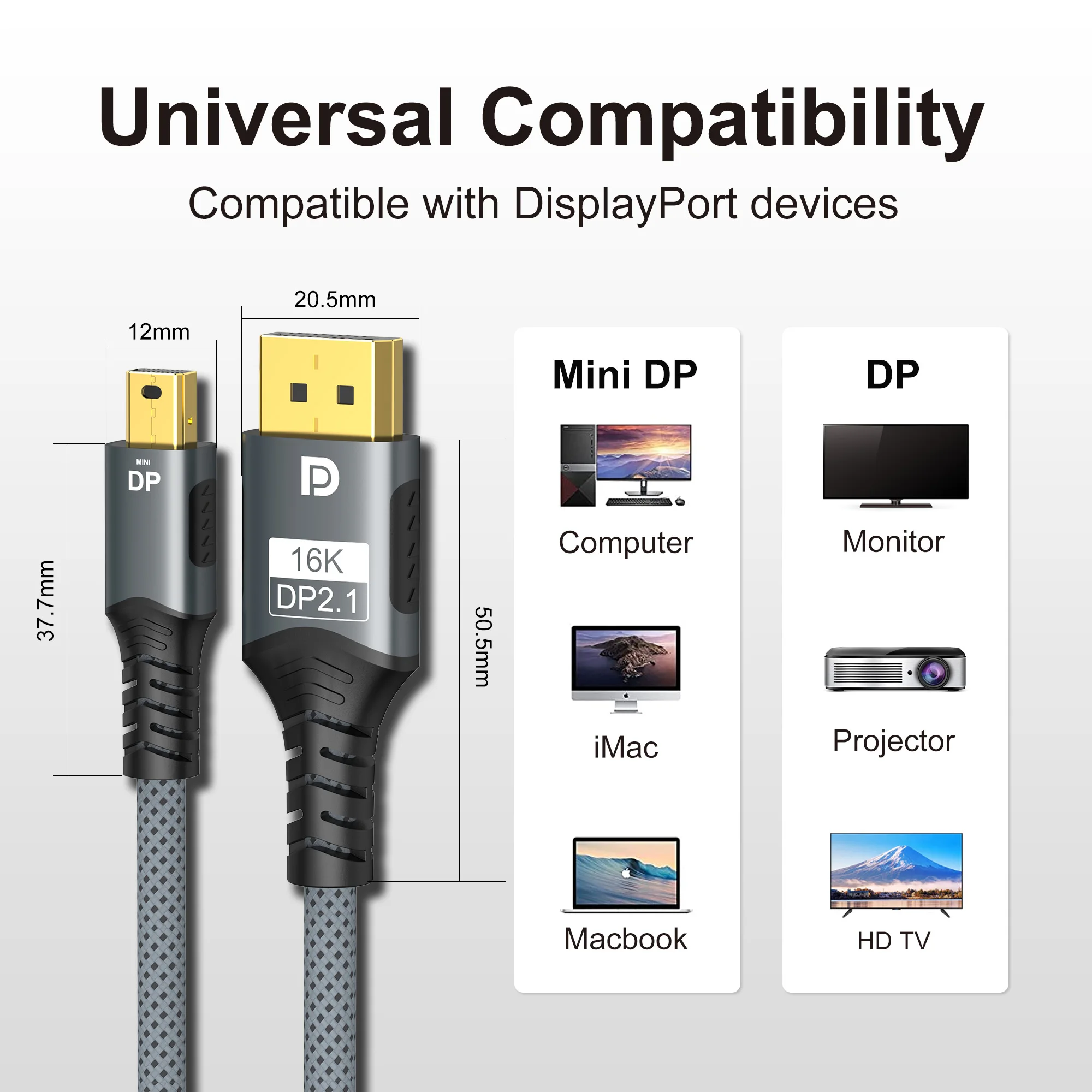 16K Mini DisplayPort to DisplayPort Cable DP2.1 Adapter 54Gbps Bi-Directional for Gaming Laptop, MacBook, Monitor