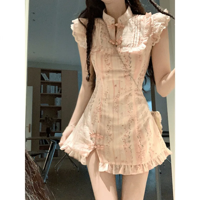 

Guofeng Skirt Slim Design Sense of the New Chinese Flying Sleeves Improved Cheongsam Floral Dress