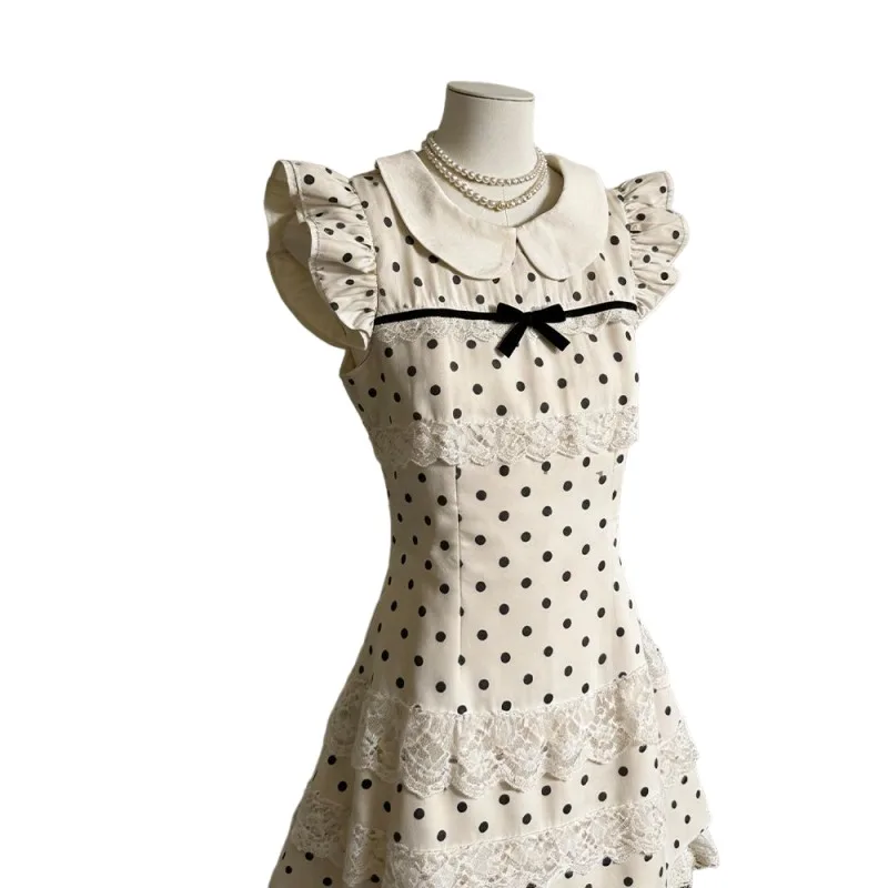 Japanse vintage poppenjurk met polkadotprint, zoete kant, vlindermouwen, A-lijn, taille-accentuerend, zoete retro, nieuw, één geheel. - afbeelding 2