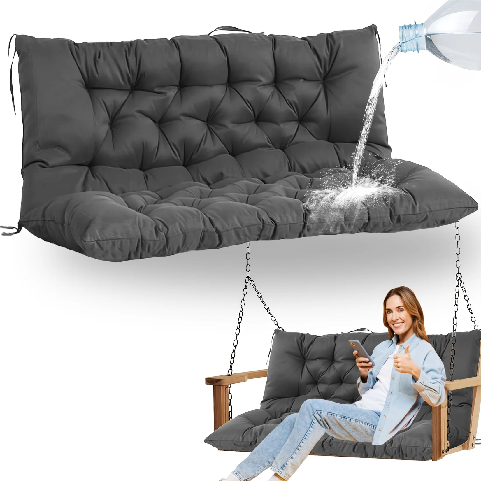 Outdoors Waterproof Cushion Patio Rocking Chair Cushion Non-Fading with Straps Backrest Cushion 2-3 Seat Replacement Pad Cojines