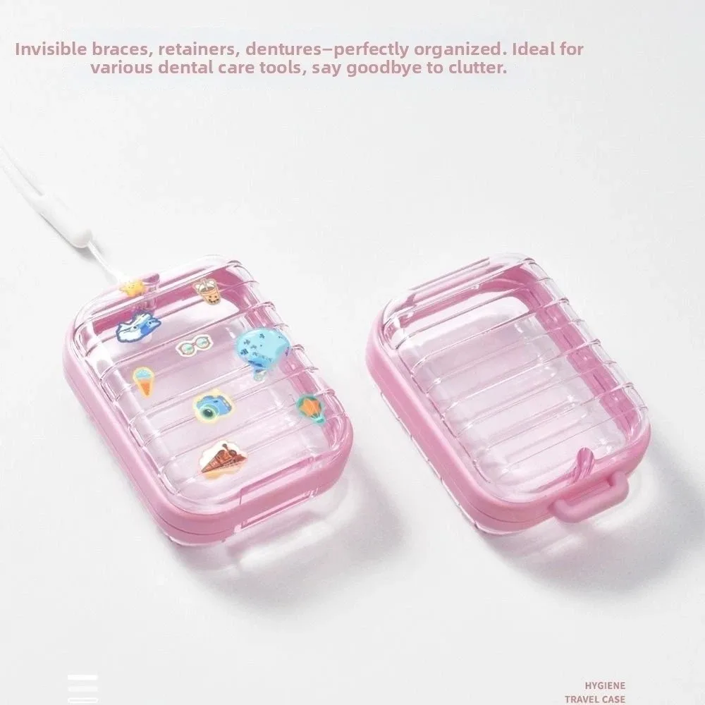 Portable Braces Storage Box Sealed Suitcase Shape Denture Retainer Case with Carabiner/Hanging Rope Transparent