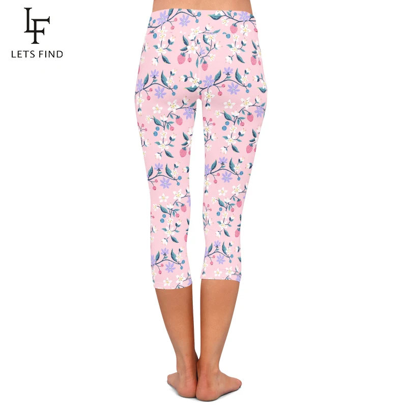 LETSFIND celana Capri wanita pinggang tinggi, legging 3/4 setengah betis modis musim panas motif stroberi dan blueberry