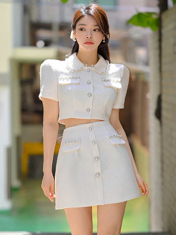 

New Temperament Jacket Coat Skirt 2 piece Sets Women Summer New Beads Crop Tops+High Waist Mini Skirt Suits