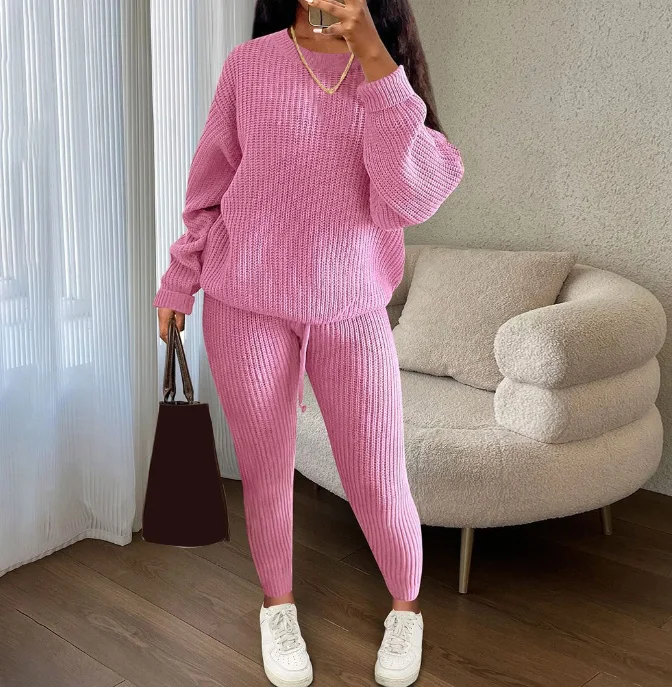 Autumn Winter Women's Casual Two Pieces Knitted Sweater Top and Drawstring Tight Pants Set fashion Female Matching Suit Set