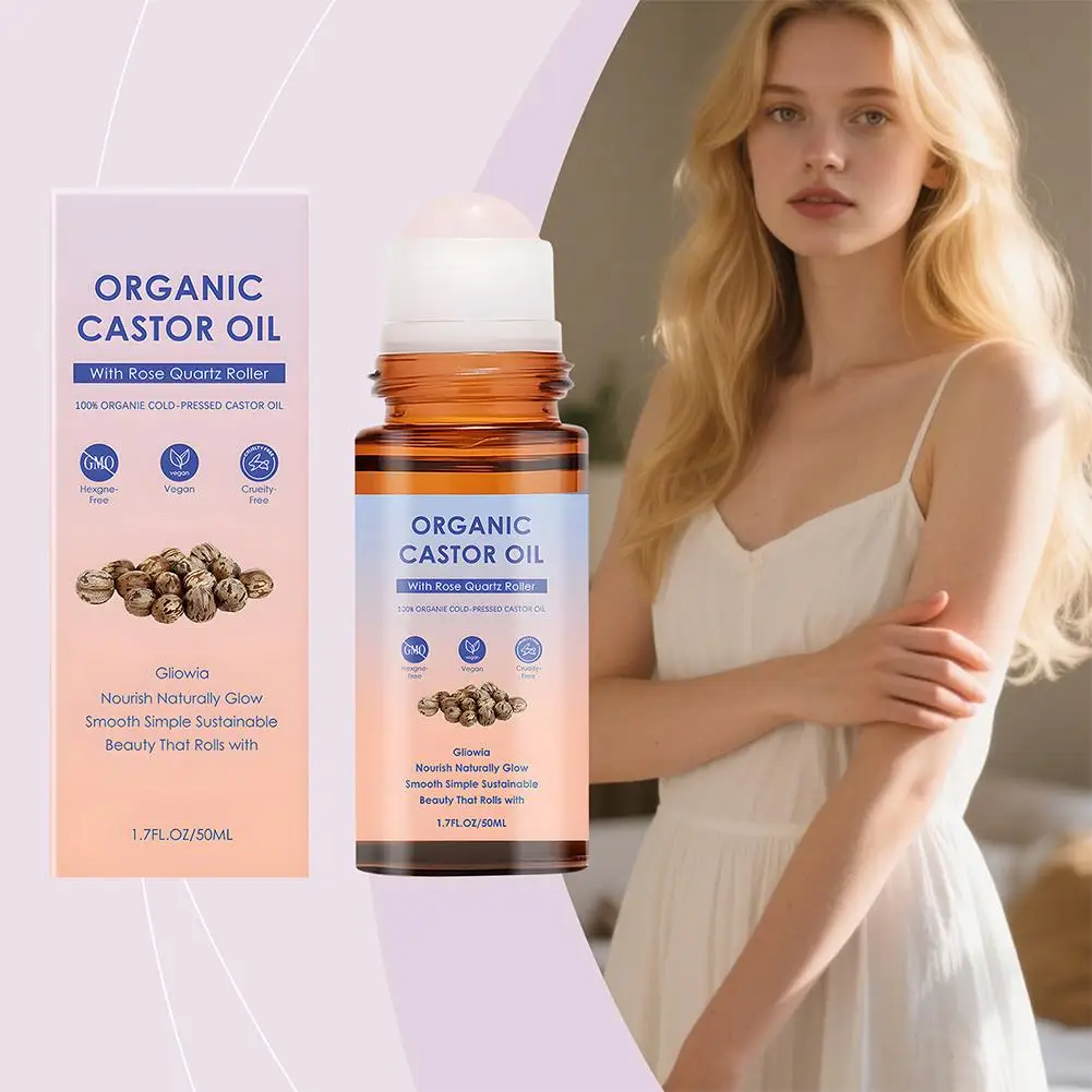 50ml Organic Castor Oil Rose Quartz Roller Aceite De Ricino Orgánico Face Neck Eye Massage Essential Oil Skin Nourishing