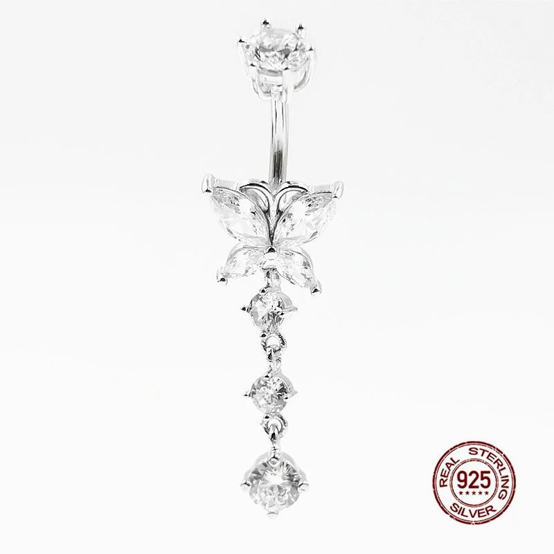 Shiny Zircon Butterfly Belly Ring 925 Sterling Silver Belly Button Ring Nail Navel Piercing Exquisite Body Piercing Jewelry