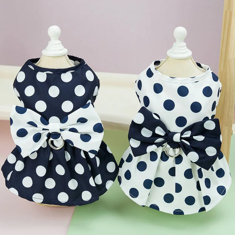 

Dog Clothes Navy White Dot Pattern Bow Puppy Summer Clothes Girls Costume Dog Dresses For Small Dogs Chiwawa Poodle Pet Dress XS