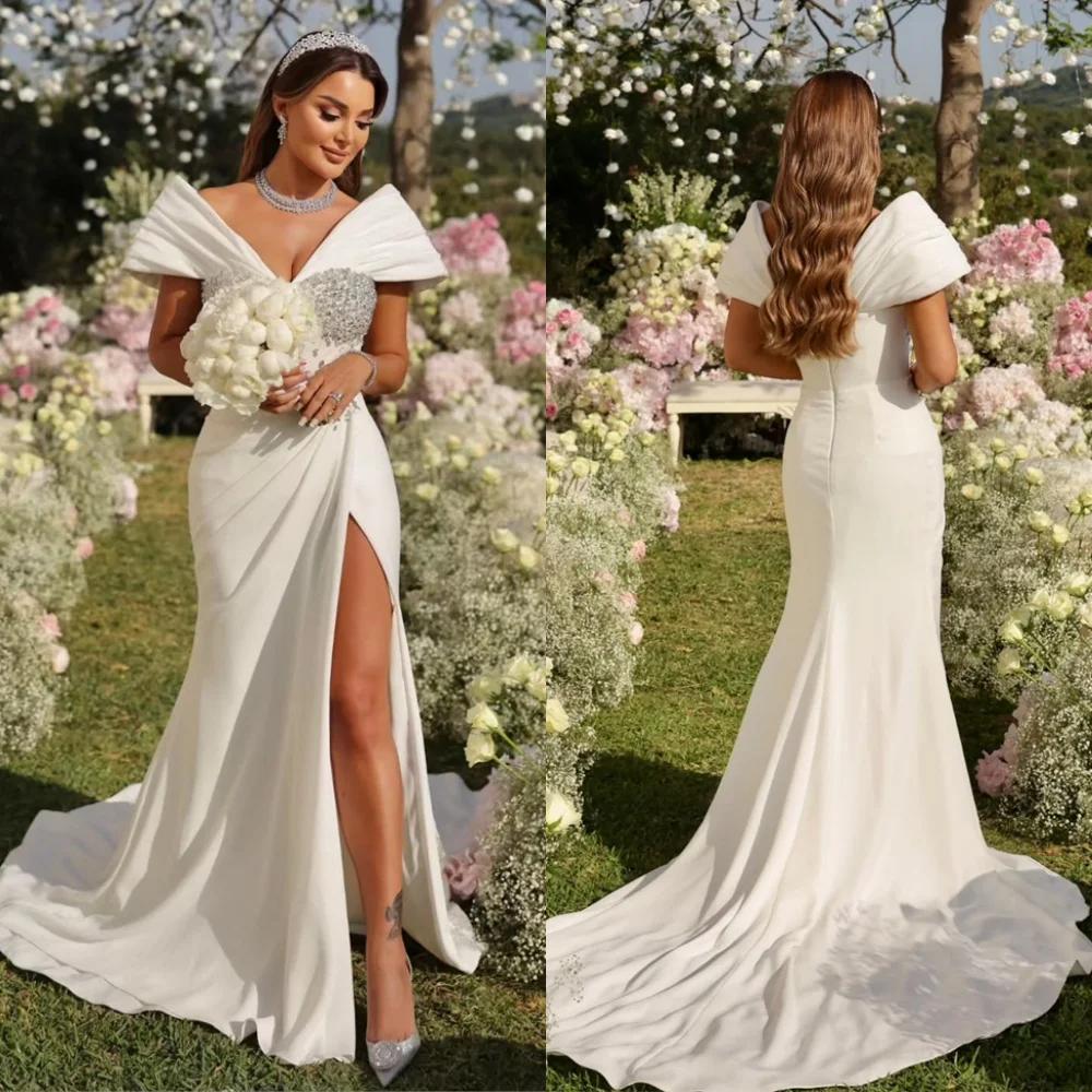 

Customized Exquisite White Jersey Wedding Dress Elegant V-neck Off the Shoulder Bridal Gowns Chapel Train Zipper Back Dresses