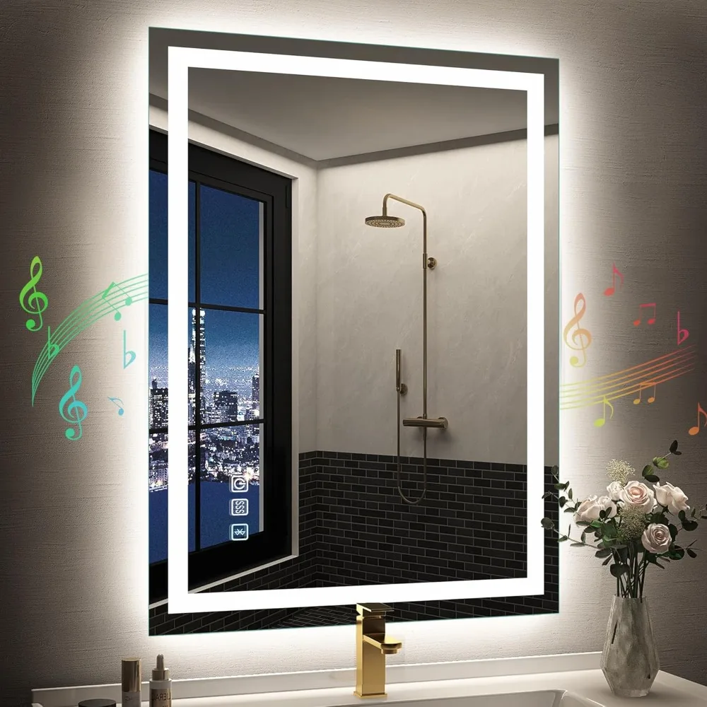 

24x32 LED-Bathroom-Mirror-with-Bluetooth, Dimmable-Lighted-Bathroom-Vanity-Mirror-with-3-Colors，Backlit + Front Lit, Memo