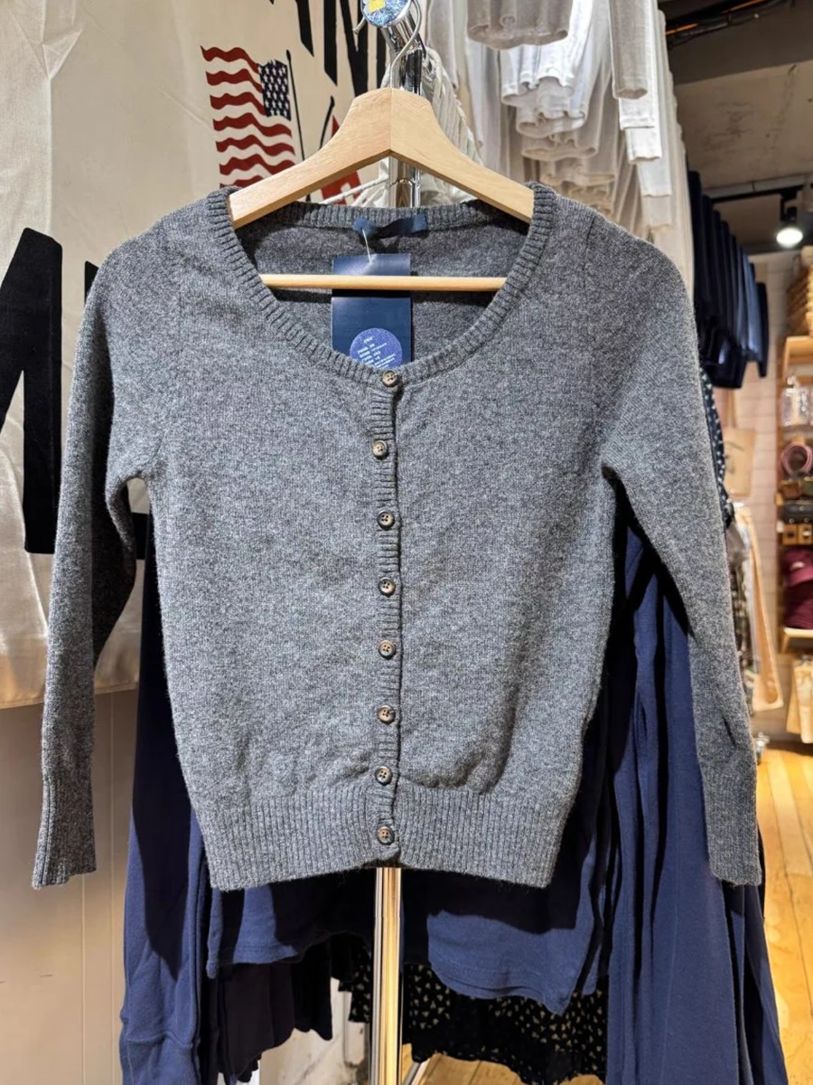 ダークグレー七分袖セーターカーディガン秋 O ネックシングルブレストスリムニットウェア女性ヴィンテージシンプルな綿セーター