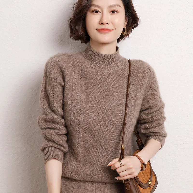 High Quality Heavy Thickening Autumn and Winter New Half Turtleneck Versatile Jacquard Knitted Base Cardigan Sweater for Women