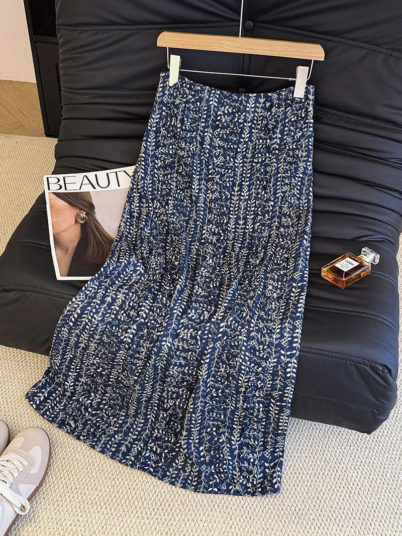 

Elegant Vintage Floral Linen High Waist Long Skirt Women's Summer Beautiful Split Midi Skirt Commute Artistic Style A-Line