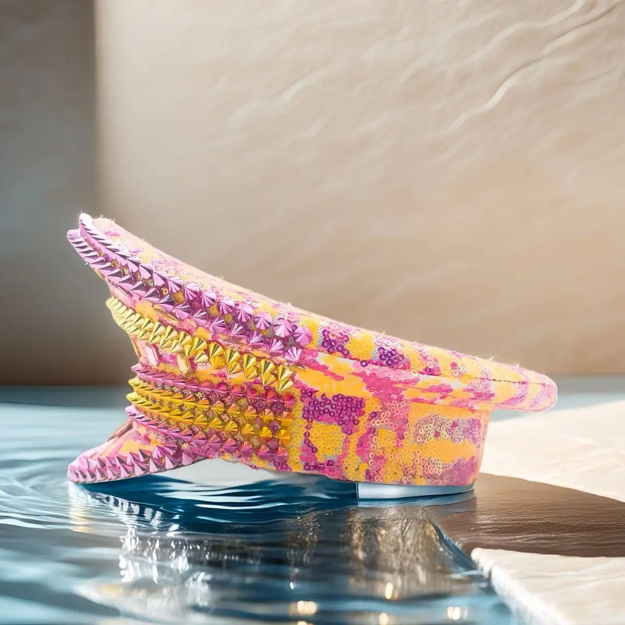 HongLuan Yellow Laser Leather Loop Captain Hat Rhinestone & Military Caps for Woman, Rave Festivals Accessories ＆ Party Cap Man