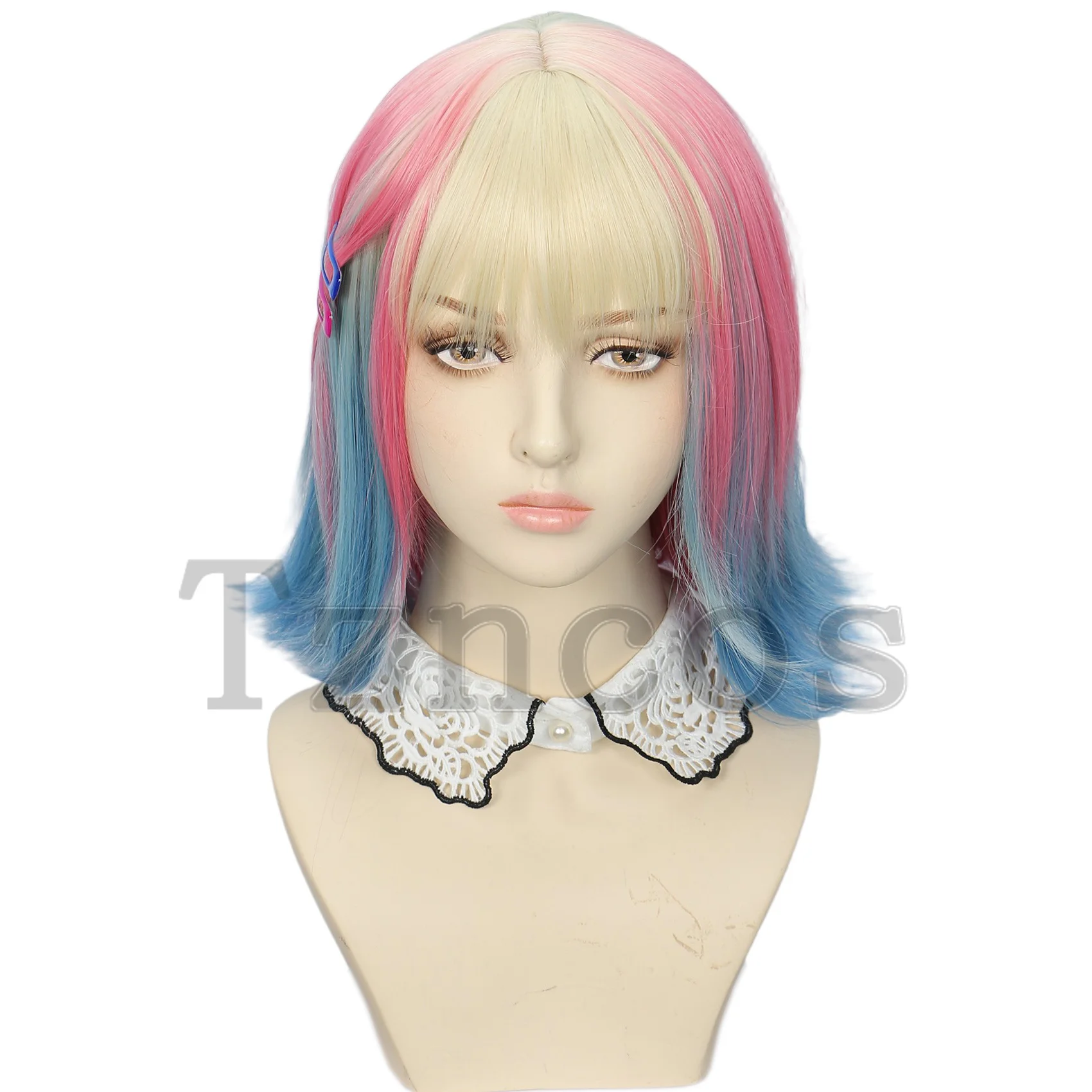 

Tzncos Women's Short Bob Curly Gold Mixed Powder Blue Gradient Wig With 2 Hair Clips Suitable For Halloween Costume Role Play