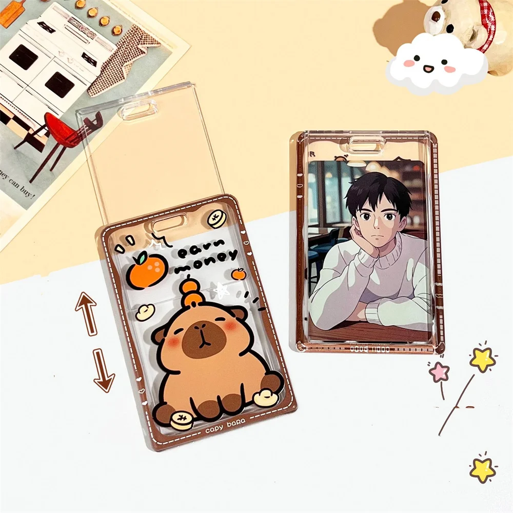 Tempat Kartu Tempat Kartu Foto Kapibara Lucu dengan Gantungan Kunci Kotak Pelindung Foto Transparan Hadiah Alat Tulis Lengan Lencana Siswa