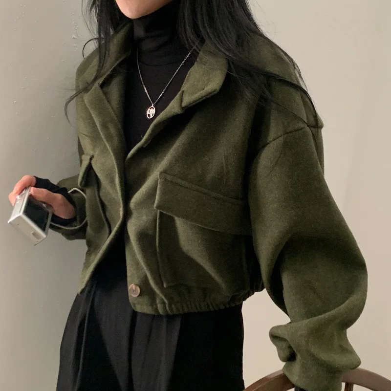 

Women's Clothing Autumn Winter Loose Woolen Coat Women Large Size with Pockets Small Stand Collar Long Sleeve Button