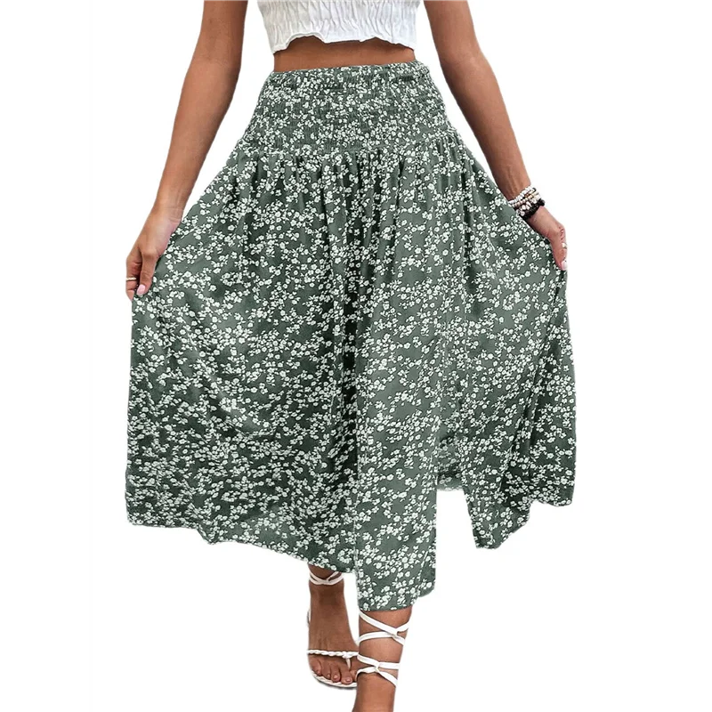 ABRT-Faldas longas estampadas femininas cintura alta divididas uma linha saia maxi de comprimento total