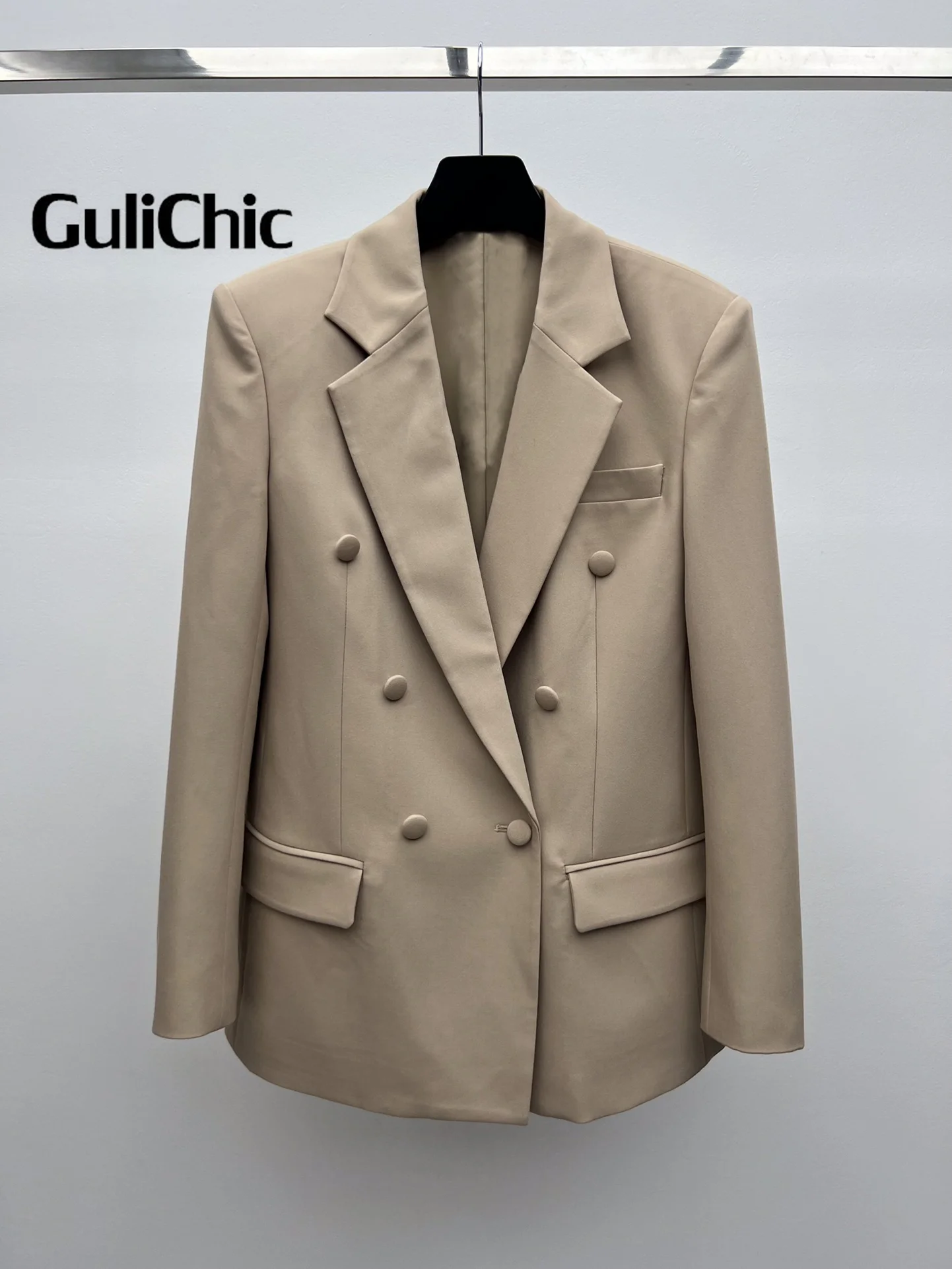 8.31 GuliChic Women Classic Temperament colore kaki colletto dentellato doppio petto manica lunga Blazer sciolto